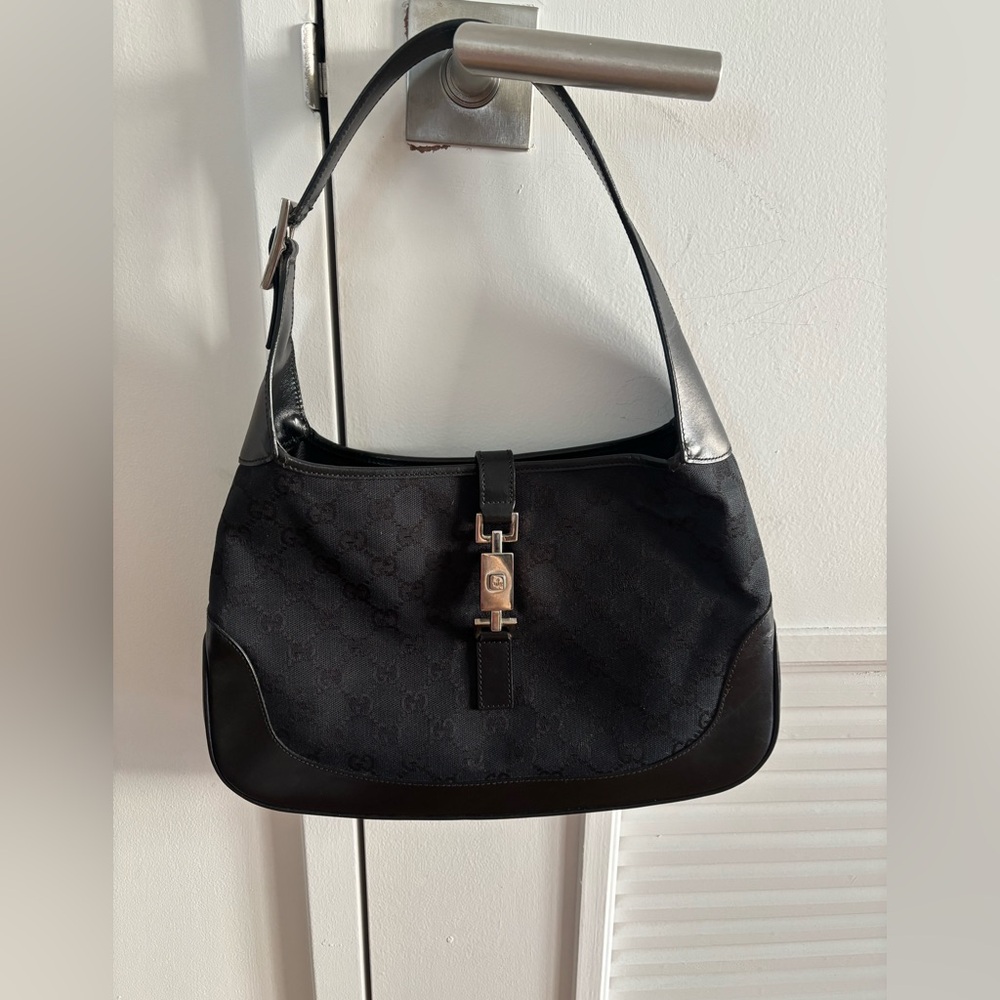 Gucci Vintage Jackie Black Monogram Canvas Silver Hardware Shoulder Bag